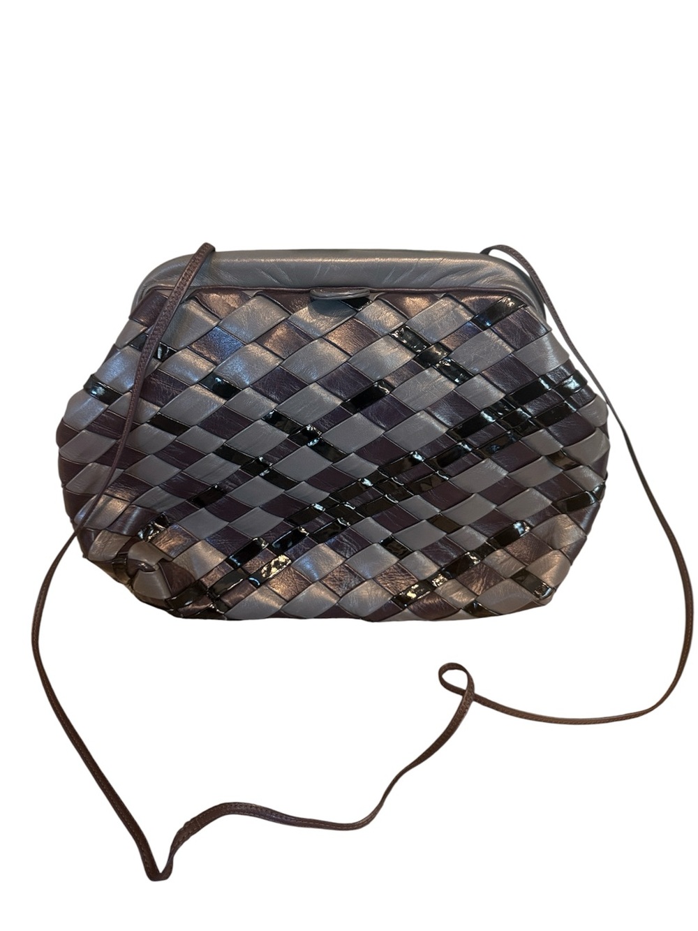 Vintage Sharif Woven Leather Crossbody Shoulder Bag Gray Plum Made USA